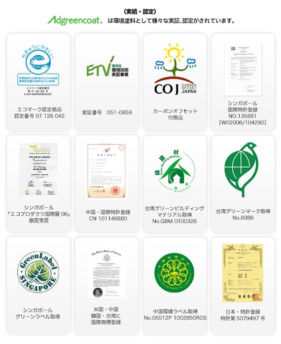 実績・認定。Adgreencoatは環境塗料として様々な実証、認定がされています。エコマーク認定商品、環境省・環境技術実証事業、カーボンオフセット、シンガポール国際特許、エコプロダクツ国際展06銀賞受賞、中国国際特許、台湾グリーンビルディングマテリアル取得、台湾グリーンマーク取得、シンガポールグリーンラベル取得、米国・中国・韓国・台湾に国際商標登録、中国環境ラベル取得、日本特許登録