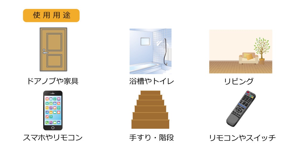 気になるところにサッとスプレーするだけ!!ドアノブや家具、浴室やトイレ、リビング、スマホやリモコン、てすり・階段、リモコンやスイッチなどに使用できます!